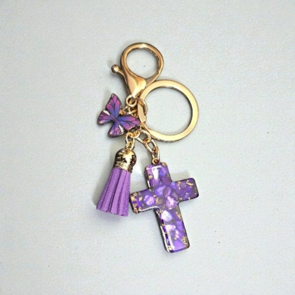 Purple Butterfly Cross Tassel Keychain Gold‎ Tone Religious Charm Bag Accessory